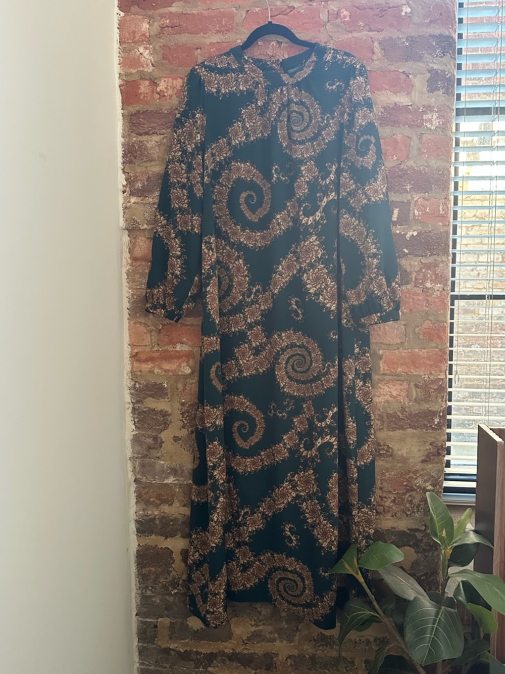 SHEIN Green Maxi Dress with Brown Swirl Pattern